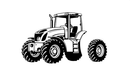 Obraz premium Agricultural tractor vector illustration in black and white flat design style, featuring bold lines and simple shading, with a clean and isolated composition on a pure white background, emphasizing th
