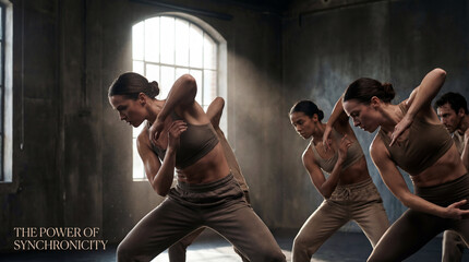 Several dancers in earth-toned athletic wear perform a synchronized routine in a spacious, naturally lit room. The composition emphasizes rhythm and unity through movement.