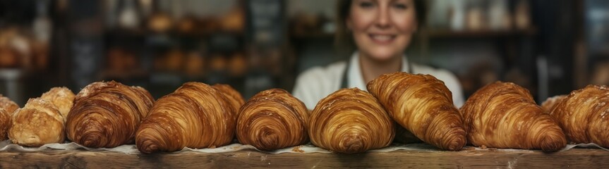 freshly baked golden croissants displayed on a wooden surface with a smiling baker in the blurred background.
