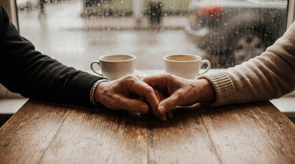 A pair of mature hands are gently touching on a weathered wooden table, with cups of coffee nearby. Outside, raindrops streak the window, creating a peaceful, intimate moment.