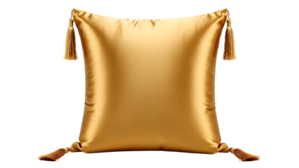 Golden throw pillow with tassels isolated on transparent background