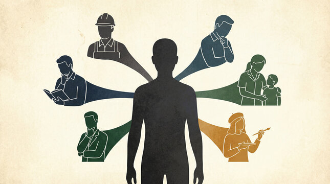 Silhouette of a person with different professions, roles, and interests branching out, symbolizing potential and the diverse paths life can take.