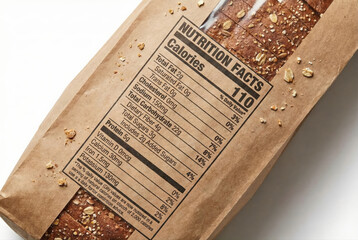 Naklejka premium Close-up of a standard nutrition facts label on a brown paper bag of sliced multi-grain bread.