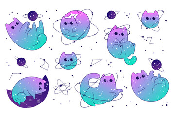 Space cute cats set celestial with stars and planets. Fantasy magical kawaii vector.  Mystical nursery kitten for textile, stickers, tattoo, © ManekiNeko