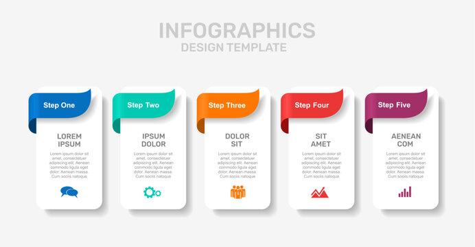 Infographic with icons, headings, and text blocks in colorful layered design for business, presentation, or data visualization. Vector illustration.