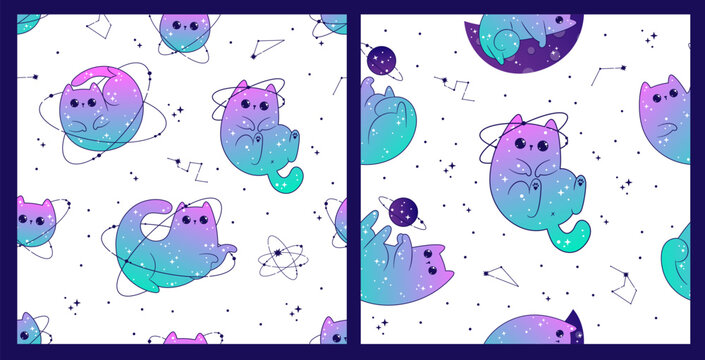 Seamless pattern with cute cats space celestial with stars and planets. Fantasy magical kawaii vector.  Mystical nursery kitten for textile, paper,  fabric, background