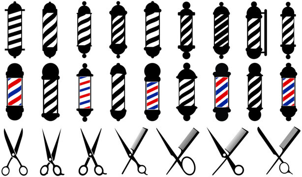 set vector Barber Pole icon collections. crossed scissors and comb symbol. barber shop sign design illustration