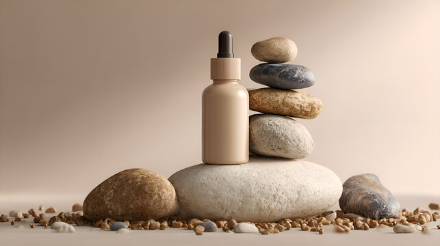 Skincare serum dropper bottle balancing on zen stones - Powered by Adobe