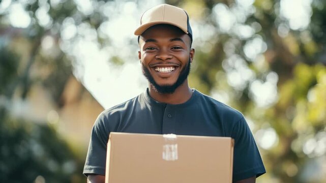 A smiling man holding a brown cardboard box. He is wearing a dark-colored shirt and appears to be outdoors during the day.