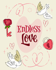 Endless Love. A charming 50s retro-style illustration featuring whimsical birds, a red rose, and heart motifs. Suitable for Valentine's Day cards and romantic decor.