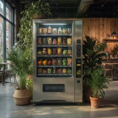 healthy fresh food vending machine with jars of salads and snacks surrounded by lush greenery in a modern cafe interior.