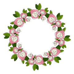 A Charming 50s Retro Style Wreath Of Roses. This illustration features a circular arrangement of pink and white roses, accented with various green leaves. For invitations, greeting cards, and wall art