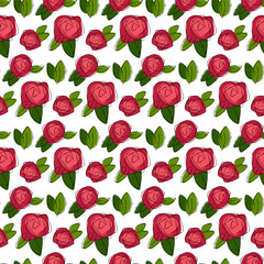 Pink Roses With Green Leaves. A vibrant seamless pattern featuring charming pink roses accompanied by lush green leaves. With its whimsical lines, the illustration features a retro design