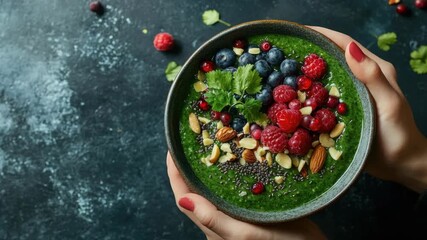 A hand holding a bowl of green smoothie with berries and nuts on top, over a textured grey surface.