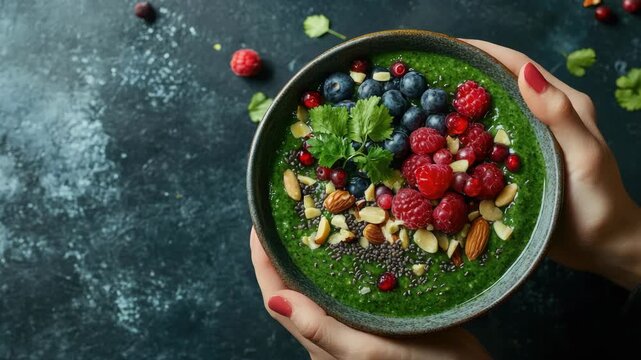 A hand holding a bowl of green smoothie with berries and nuts on top, over a textured grey surface.