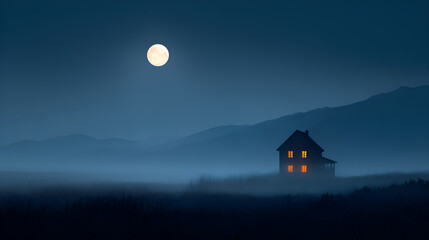 Solitary house on a misty mountain night with full moon