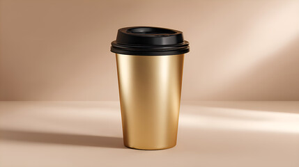Golden takeaway coffee cup with black lid mockup