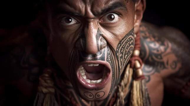 Maori warrior face tattoo tribal culture tradition shout fierce portrait, intense ethnic man, dramatic lighting closeup, angry scream expression