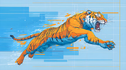 Leaping tiger illustrating speed, power, and digital motion