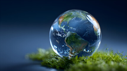 Earth sphere resting on green moss representing protection