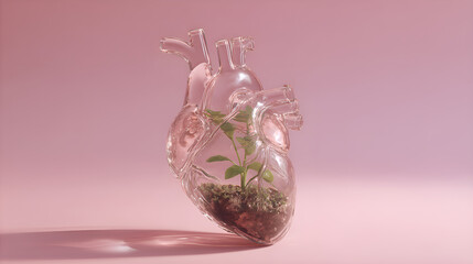 Glass human heart holding growing plant on pink background