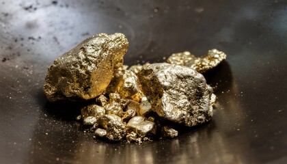 Pile of gold nuggets in a pan ready for prospecting