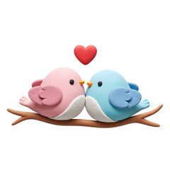 Obraz premium Two cute clay birds, one pink and one blue, nuzzling on a branch with a red heart above, symbolizing love and affection.