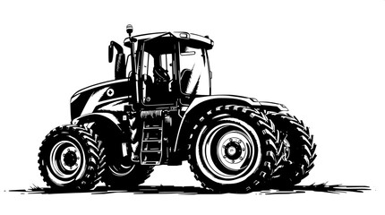 Professional vector tractor illustration in a monochrome ink style with a side view, showcasing agricultural machinery, featuring bold black shapes with clean lines, precise details, and a minimalist 