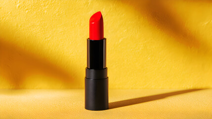 Vibrant red lipstick standing on bright yellow background