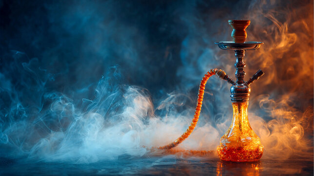 An oriental hookah with a glass bulb and a long hose stands on the floor in a cloud of smoke against a dark background, creating a concept of a hookah bar, relaxation, and a nighttime atmosphere.