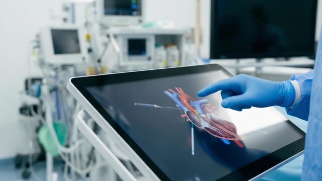 Modern surgery technology robotic telesurgery touchscreen display with virtual heart anatomy advanced medical touchscreen monitor for precision