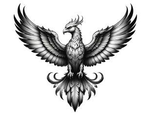 Obraz premium Majestic grayscale eagle with outstretched wings and intricate feather details, heraldic style