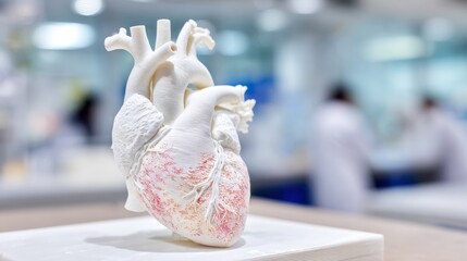 printed cardiovascular model on a workbench showcasing fine anatomical details from imaging data with the environment gently blurred to highlight the print.