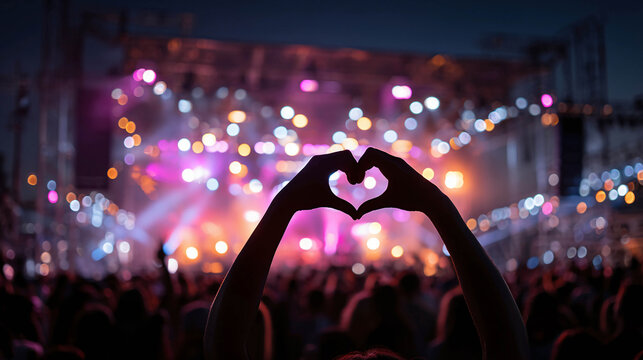 Close-up of a viewer's hands folded in the shape of a heart against the backdrop of a concert stage with bright pink light and smoke; a music festival, emotions, unity, and love for music.