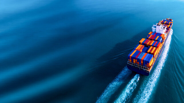 A cargo ship sailing across the open ocean, top-down view, concept of maritime transportation, logistics, trade, and global shipping.