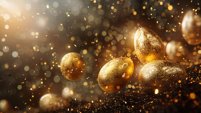 The golden eggs, studded with glitter, seem to float in a dark space surrounded by shining particles and sparks.