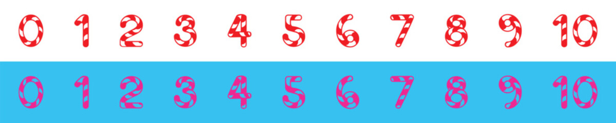Fototapeta premium Colorful Candy Cane Striped Numbers Set 0-10 for Christmas and Birthday Party.
