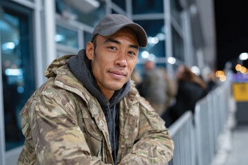 A warm portrait of a military personnel in camouflage uniform and cap, showcasing a positive demeanor while standing in an informal outdoor setting during evening.