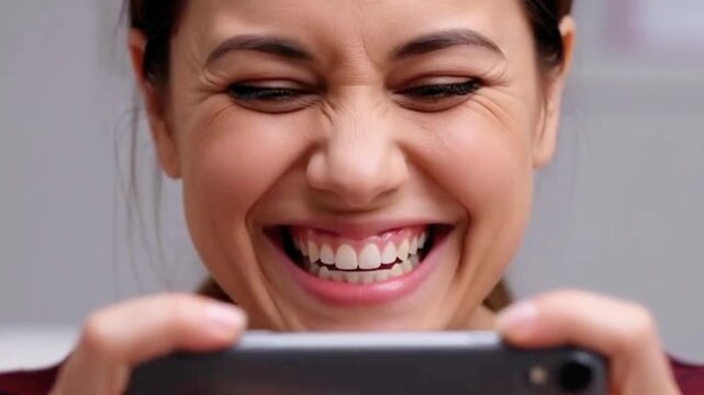 Close-up of a woman holding her phone as face unlock repeatedly fails. She changes expressions exaggeratedly, then laughs. HD video