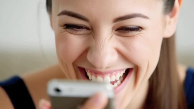 Close-up of a woman holding her phone as face unlock repeatedly fails. She changes expressions exaggeratedly, then laughs. HD video