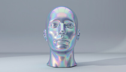 Holographic Human Head Sculpture with Iridescent Sheen.