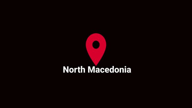 Abstract North Macedonia map location pin animation. Country location pin pointer icon animated on black background, GPS location tracking animation. 4K video	
