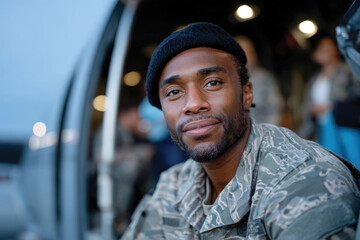 A composed military individual wearing a beret sits inside a helicopter, showcasing a sense of professionalism and connection as they prepare for missions and fostering teamwork inside.