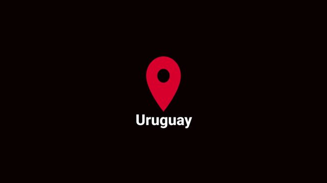 Abstract Uruguay map location pin animation. Country location pin pointer icon animated on black background, GPS location tracking animation. 4K video	
