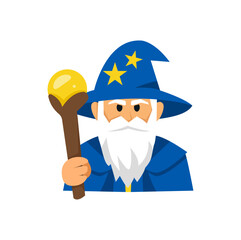 Wizard cartoon character in flat design style cute magic sorcerer holding magic wand fantasy magician mascot vector illustration
