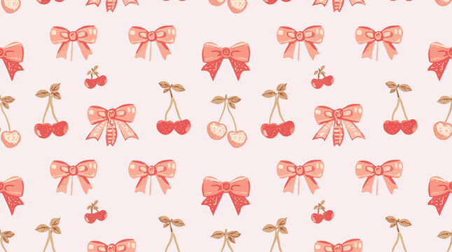 Vector template featuring coquette cherry and bow seamless pattern with cute ribbon and vintage girly aesthetic, pastel colors and soft textures