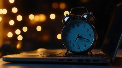 Close-up of alarm clock sitting on top of a laptop, set against blurred city lights in the background. - Powered by Adobe