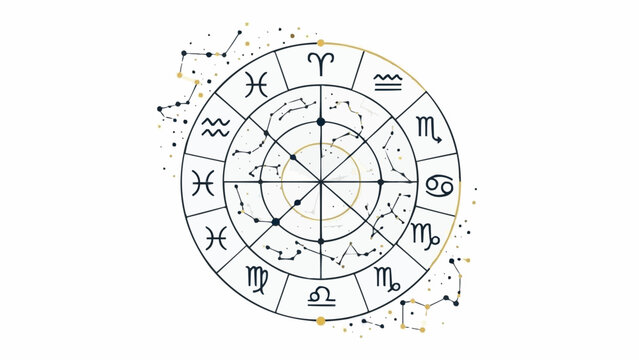 A circular zodiac wheel illustration displays twelve astrological signs with connecting lines and scattered star constellations