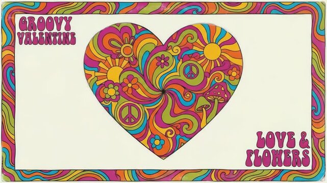 Groovy Valentine Motion Poster with Psychedelic Heart and Flower Power Patterns