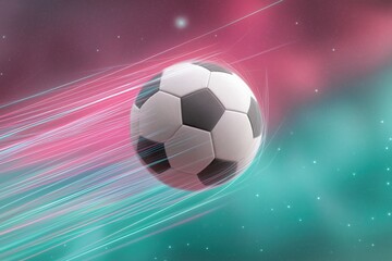 Naklejka premium Dynamic soccer ball in flight with vibrant pink and teal speed trails against a blurred, starry background. Concept of sport, speed, game, competition, and futuristic movement